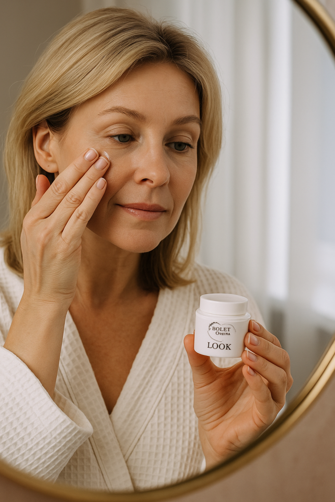 alt="Крем LOOK POLЁT SVETA для кожи вокруг глаз" alt="Женщина наносит крем LOOK под глаза утром"